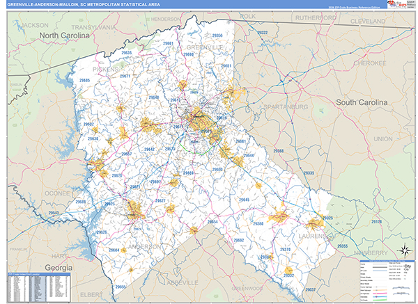 Greenville-Anderson-Mauldin Metro Area Wall Map Basic Style